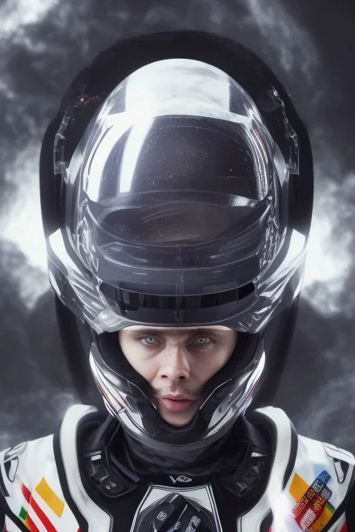 Black racing suit AnnaSophia Robb, portrait, bright white eyes, wearing high tech racing helmet, white smoke, dark, rage, sorrow, high definition, ultra 8 k, volumetric lighting, blue fire, fog