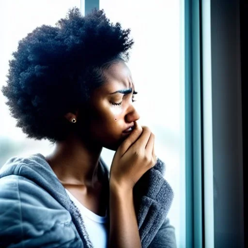 Crying girl, sad, expressive, emotive, frowning, furrowed eyebrows, pouting lips, African American, curly hair, looking out rainy window,