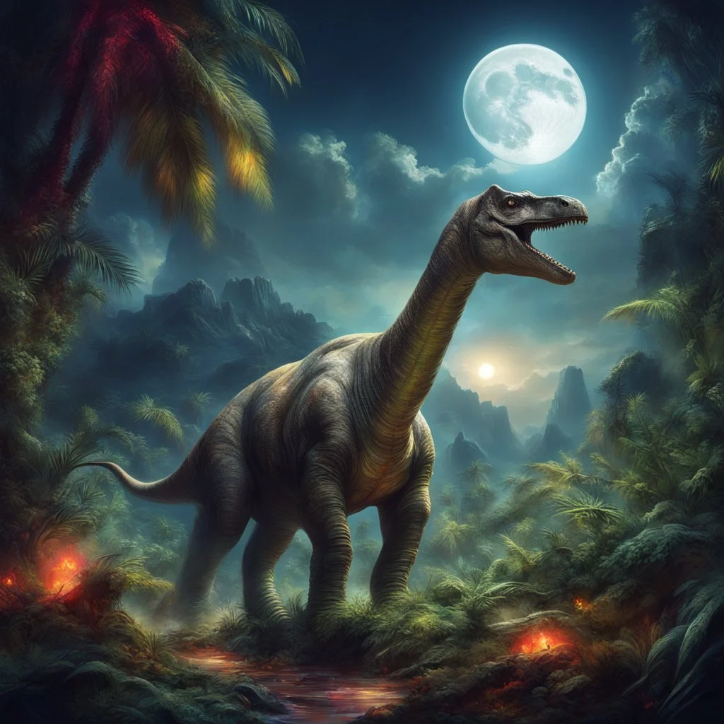 Brontosaurus eating leaves under a full moon in a prehistoric jungle, in distance a comet strikes a mountaintop in an explosion, glare effect, sharp photograph by Raymond Swanland :: Anna Dittmann :: Anne Stokes :: photorealistic :: hyperdetailed :: vibrant deep colors, dramatic, cinematic masterpiece, complex contrast, dynamic composition