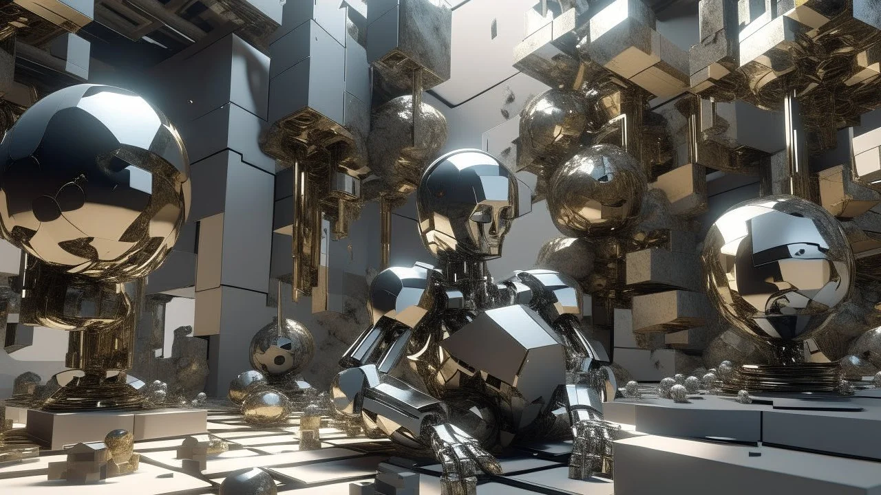 The image shows a complex and abstract geometric structure, with stone blocks and cylindrical shapes that seem to float in an indeterminate space. Some metallic humanoid figures are integrated into the scene, with static poses, almost like statues. In the upper right, a metallic head protrudes from a cylinder, while shiny, possibly metallic, spheres are scattered throughout the composition. The light entering from the background creates a contrast with the deep shadows, adding a surreal and diso