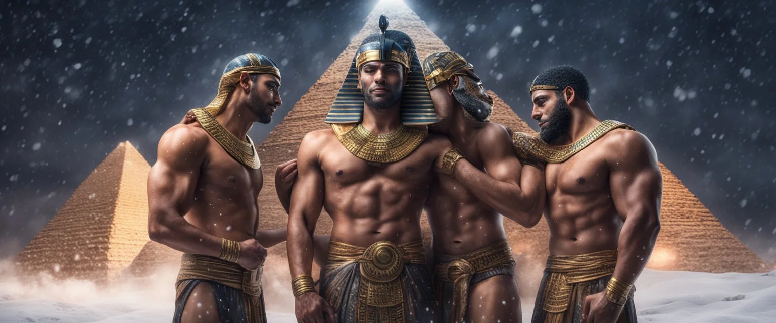 Hyper realistic shirtless muscular male Egyptian pharaohs hugging & a pyramid behind at snowfall night