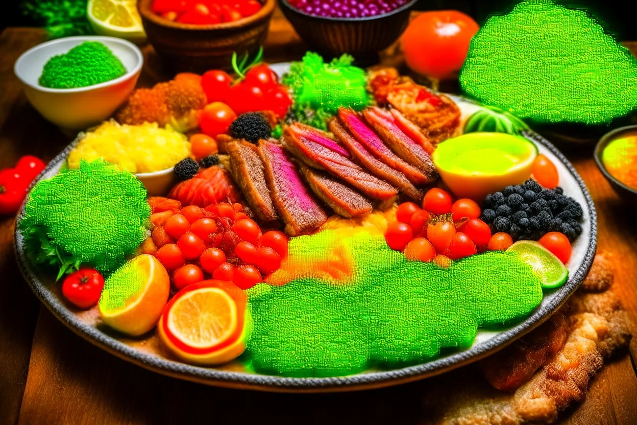 The picture shows a tasty and tempting dish containing a variety of delicious foods. The foods include slices of perfectly grilled meat and crispy fresh vegetables pulsating with colors and flavors.
