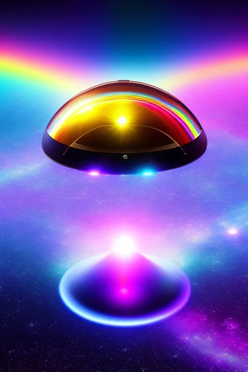 Beautiful ufo, galactic, rainbows, bright colours, blue, pink, gold, jewels, realistic, real photo, bright and sunny background, very detailed, high contrast,