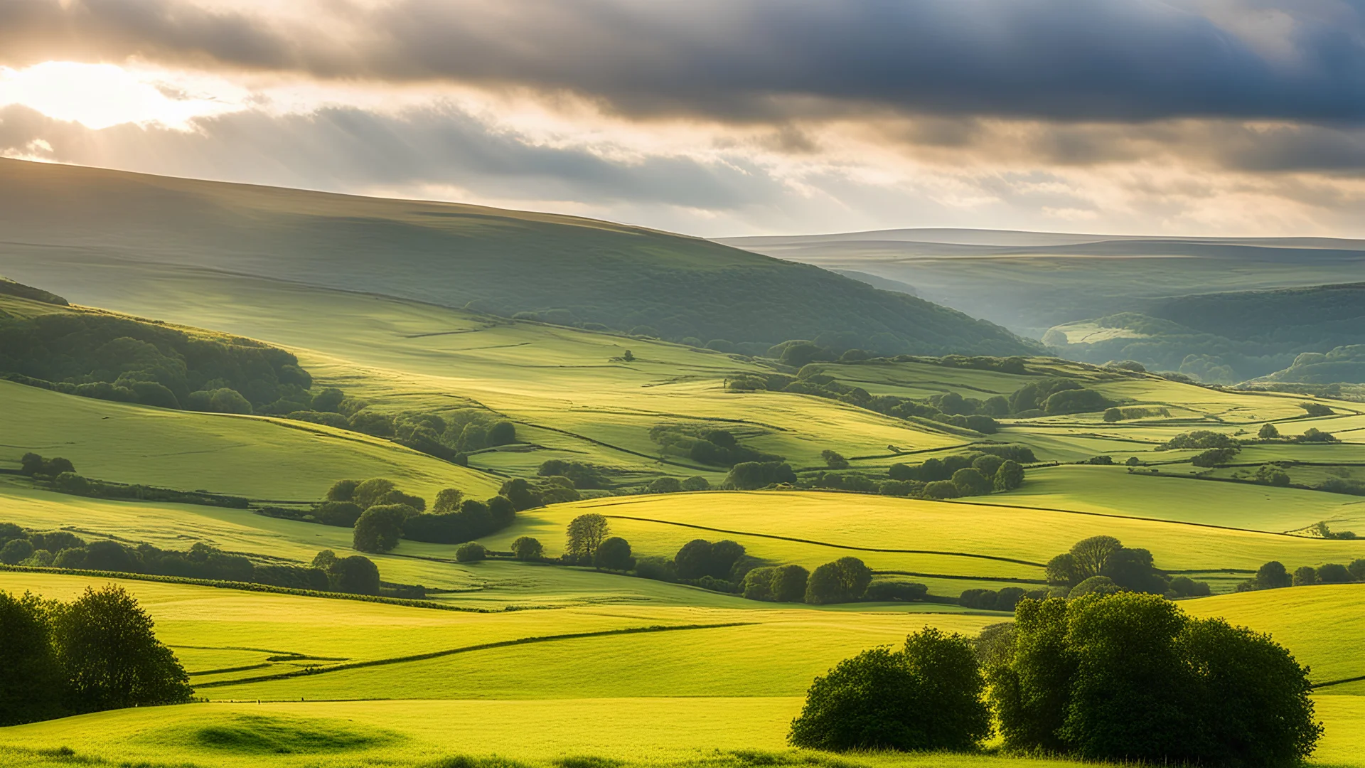 View across the valley in the Yorkshire Dales with beautiful clouds, late afternoon sunshine, stone walls enclosing the fields, gentle hills and valleys, river, calm, peaceful, tranquil, beautiful composition