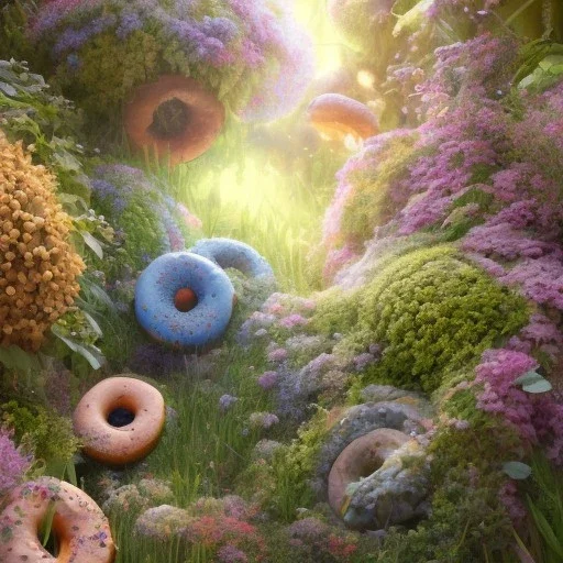 door, pixar style, volumetric summer garden environment and background, realistic painting of donuts, looking excited, volumetric lighting, dramatic lighting, detailed digital painting, extreme dense and fine fur, anime, ornate, colour-washed colors, elegant, small minutiae, tiny features, particulars, centered, smooth, sharp focus, renderman gofur render, 8k, uhd, detailed eyes, realistic shaded volumetric lighting, sunlight caustics, backlight, centered camera view