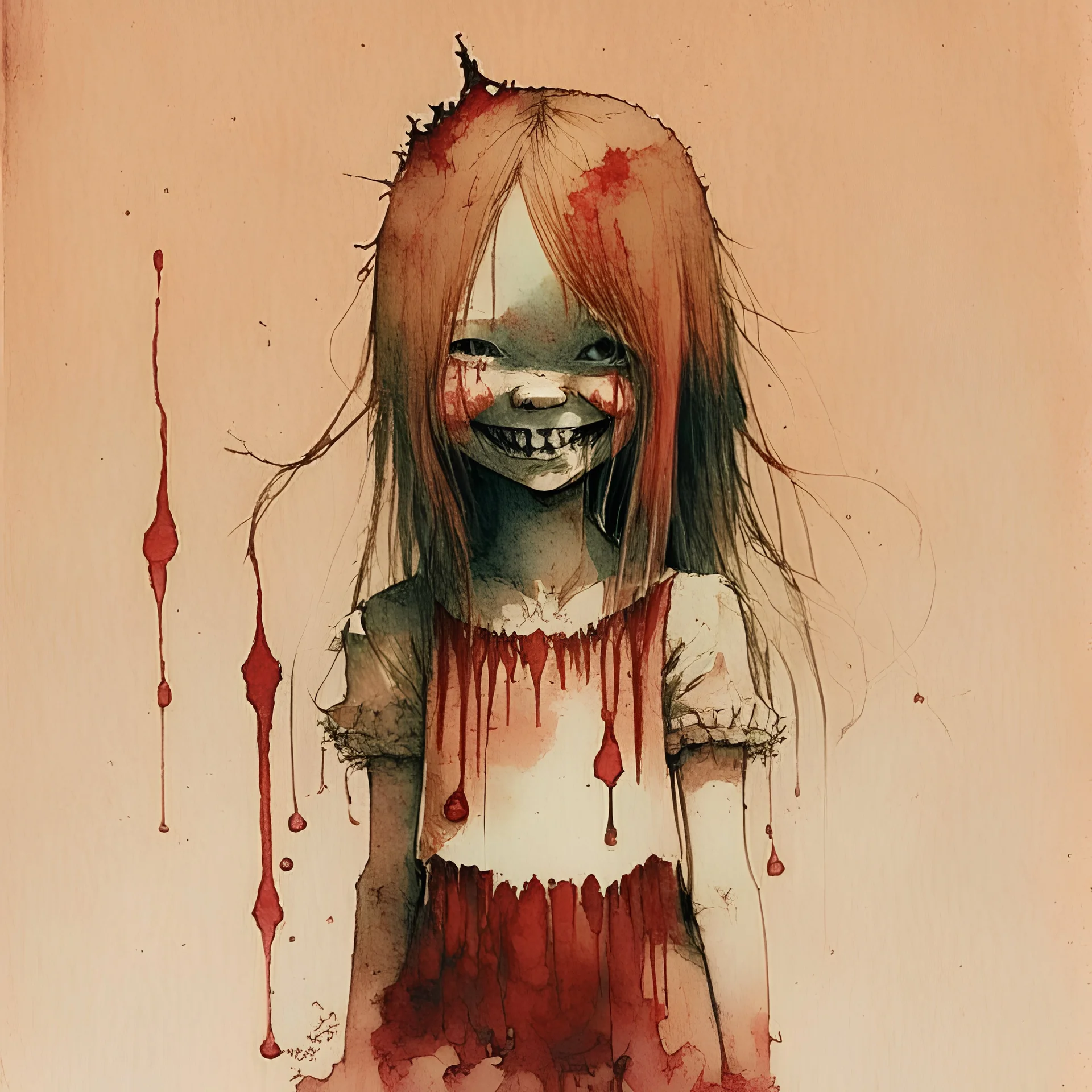 body anormal, smile blood, girl cute, watercolor illustration by <John Kenn Mortensen>, darkred tones,