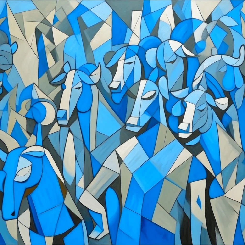 piccasso crowd people cubism with bull screaming gray and blue