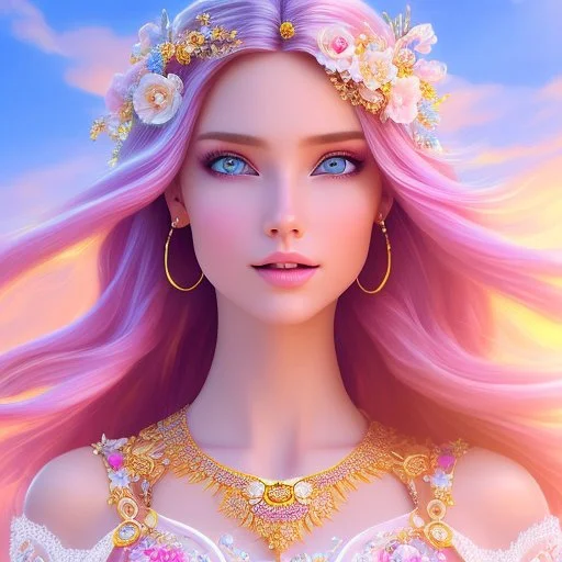 Beautyful smiling young woman, long hair amazing blue eyes, flowers, happy cosmic, bright colors, blue, pink, gold, jewels, realistic, photo real, clear sunny background, highly detailed, high contrast, 8k high definition, unreal engine 5, extremely sharp detail, light effect, sunny light background