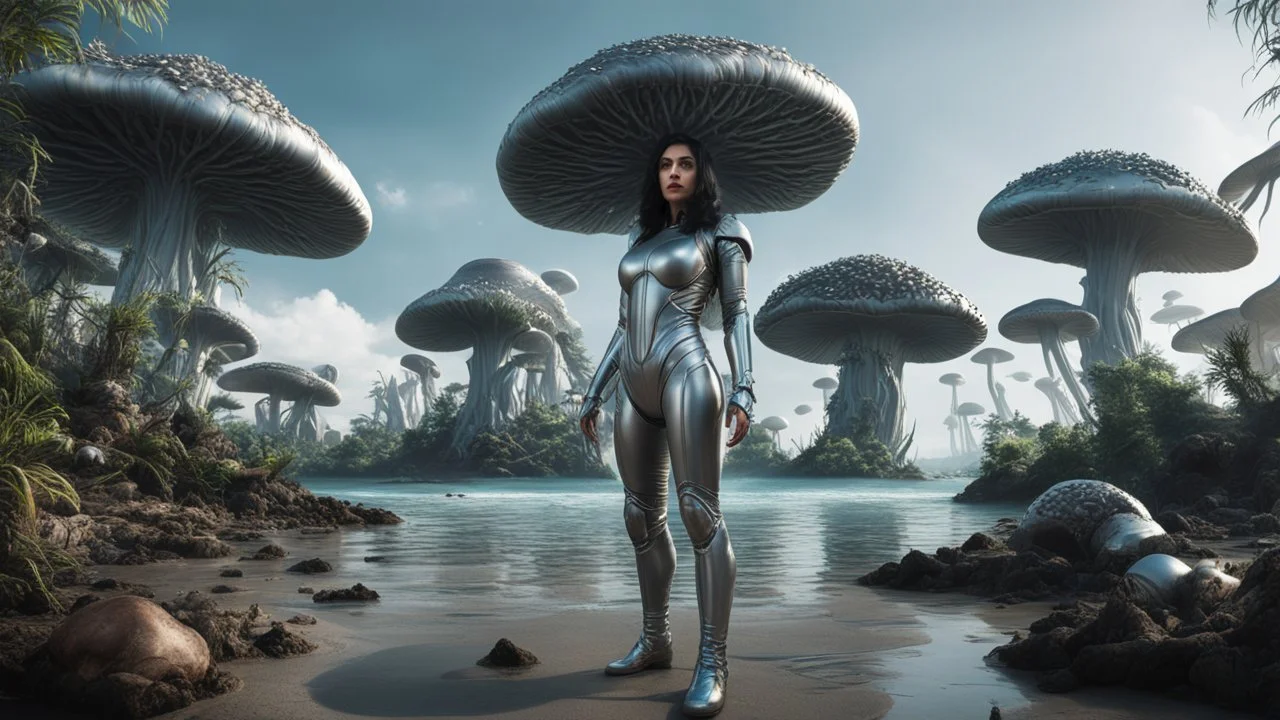 Wide-angle shot of a woman, standing on the right side of an alien beach, with dark hair in a silver robotic catsuit, lots of large floating mushrooms with long tentacles, alien jungle trees in the distance