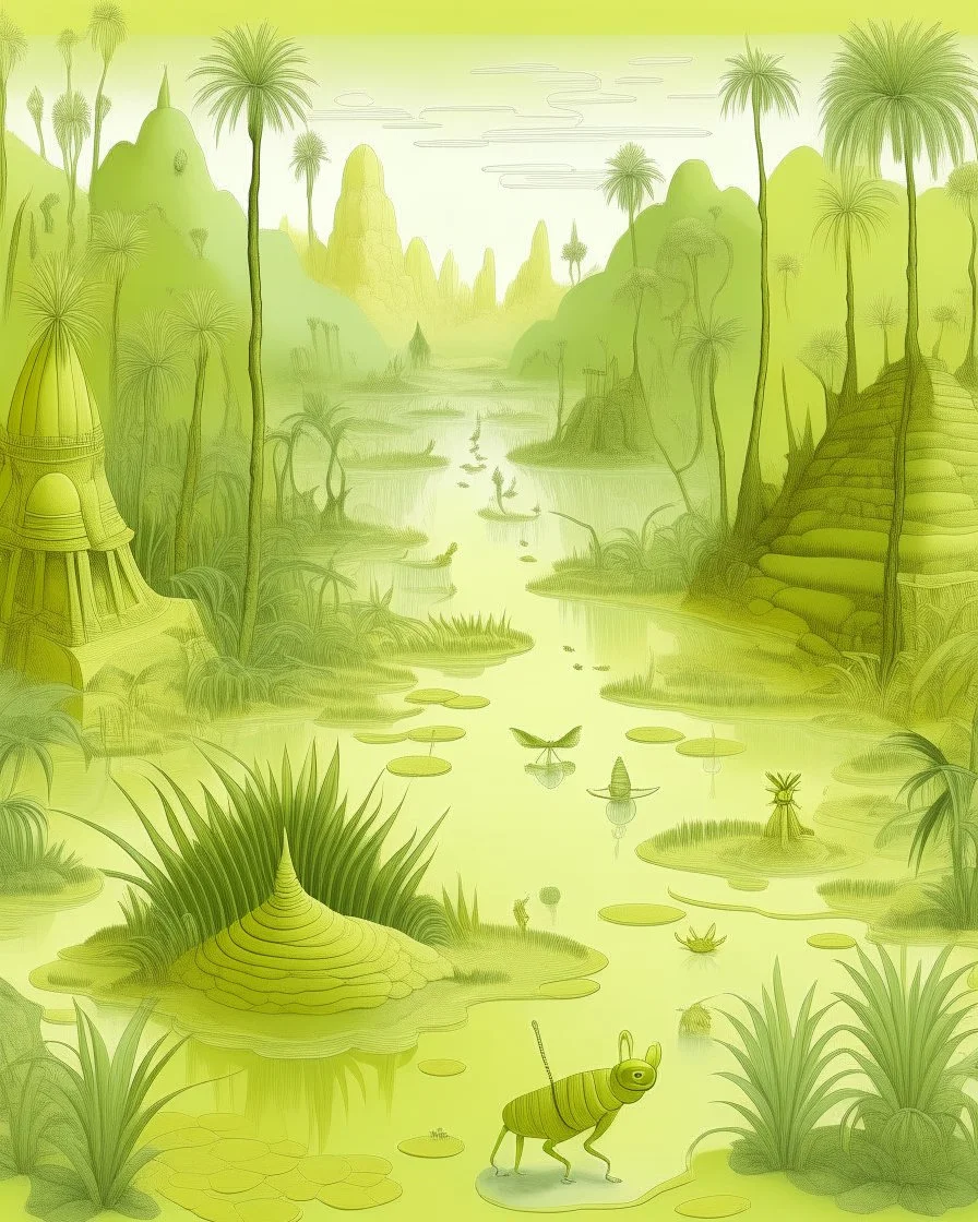 A light yellowish green swamp with bugs in daylight designed in ancient Egyptian hieroglyphics painted by Cai Jia