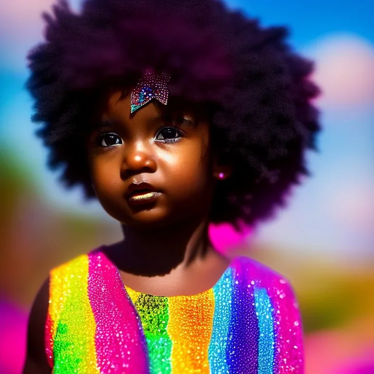 full body shot, masterpiece, best quality, child, dark skinned, sparkling eyes, fluorescent skin, colorful makeup, afro, highly detailed body, sun light, 4K, RAW, depth of field, high contrast, realistic details, 24mm