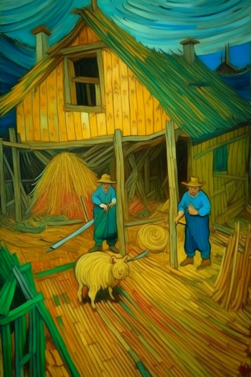 cuento "Los tres cerditos", imagen de la escena principal, construyendo las tres casas( paja, palos y materia). con un estilo Vincent van Gogh