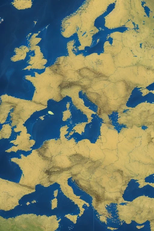 European countries are viewed from space, roads, cities, signs are visible. Highlight the names of the countries on the map. The clouds are naturalistic