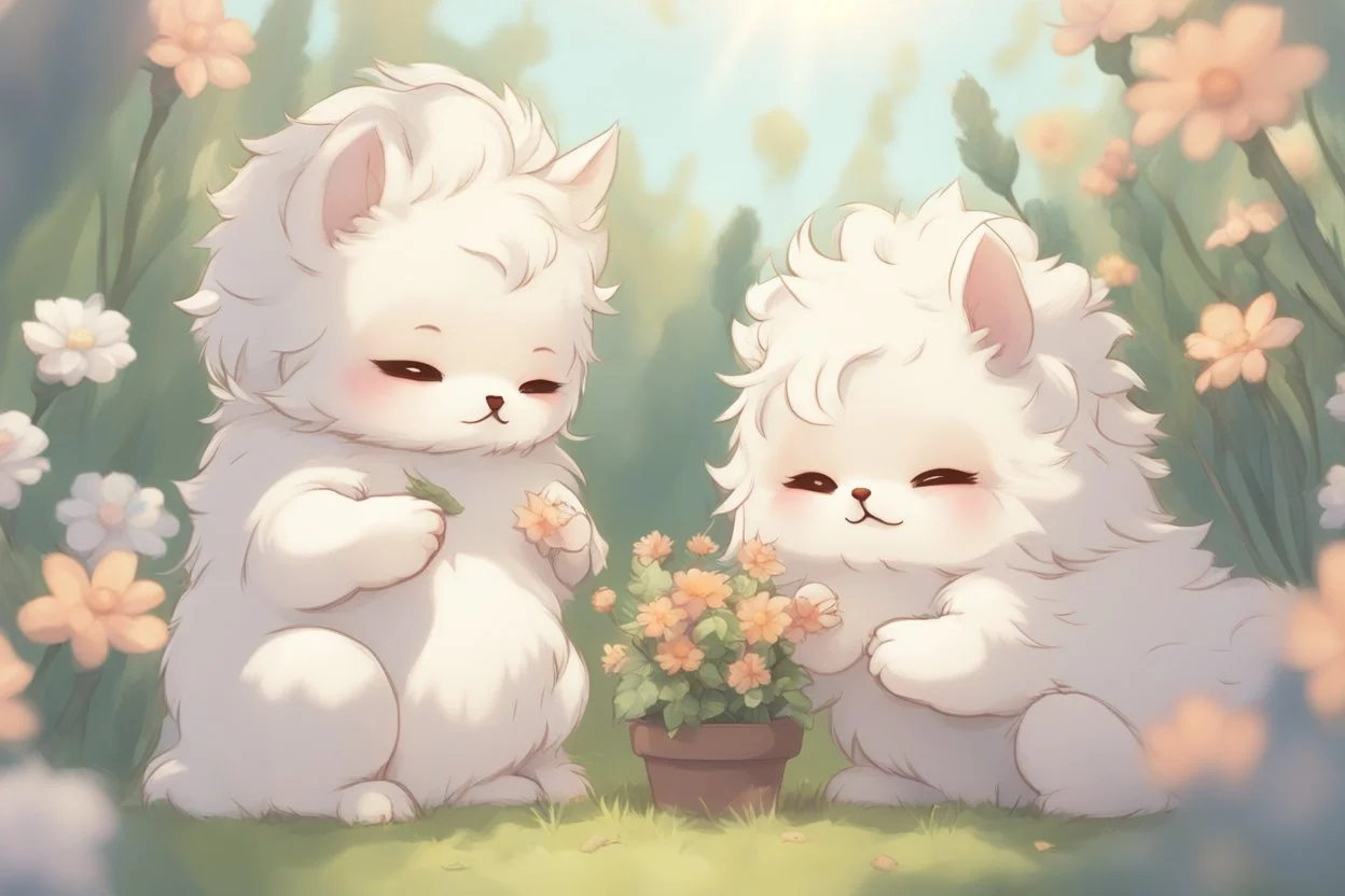 two cute fluffy chibi creatures, one kneeling and planting flowers, the other watching with arms folded in the sunshine, etherial