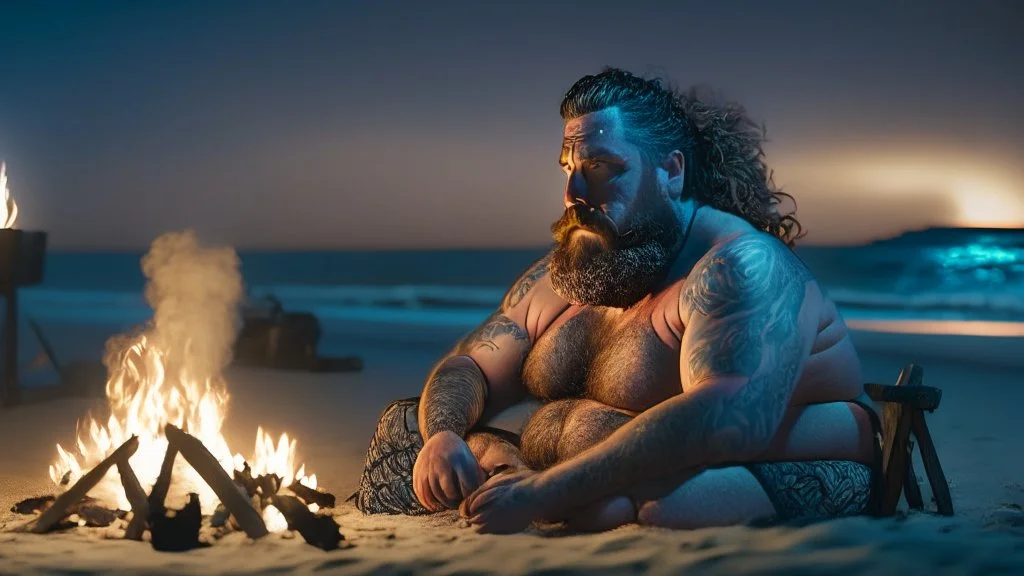 photography of a sicilian baywatcher burly sweat chubby 44 years old , swimwear, manly chest ,tattoo, curly hairs, long beard, sitting on a beach chairs at the beach at midnight , illuminated by bonfire, photorealistic, 8k, Canon EOS, 35mm lens, , unreal engine, greg rutkowski, loish, rhads, beeple, makoto shinkai and lois van baarle, ilya kuvshinov, rossdraws, tom bagshaw, alphonse mucha, global illumination, detailed and intricate environment