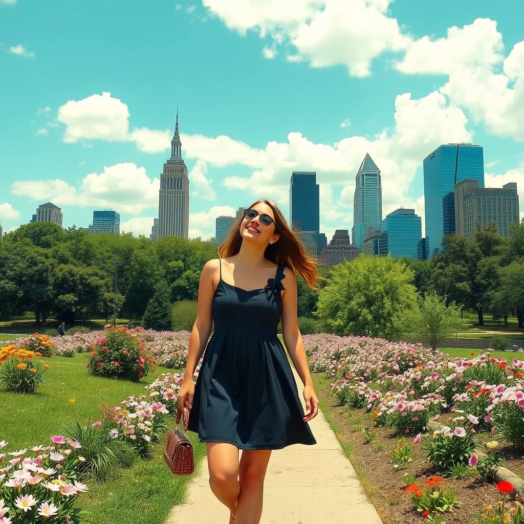 fullbody girl makeup wearing a victorian short dress walking in moder city of 2040 park ,flowers ,pretty clouds in blue sky,city escape.