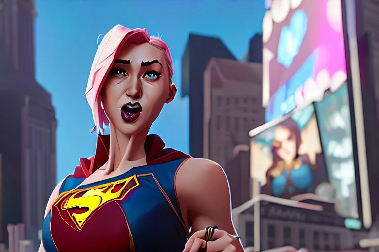 Supergirl eating a big ice cream in Times Square