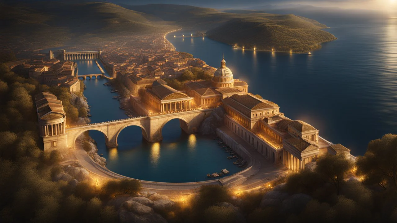 a roman city divided by a river next to the ocean. seen from a hill. perfect symmetry. marble and gold. fantasy. exquisite realism, a masterpiece, dark fantasy concept art, dynamic lighting, hyperdetailed, intricately detailed, deep color, Unreal Engine, volumetric lighting