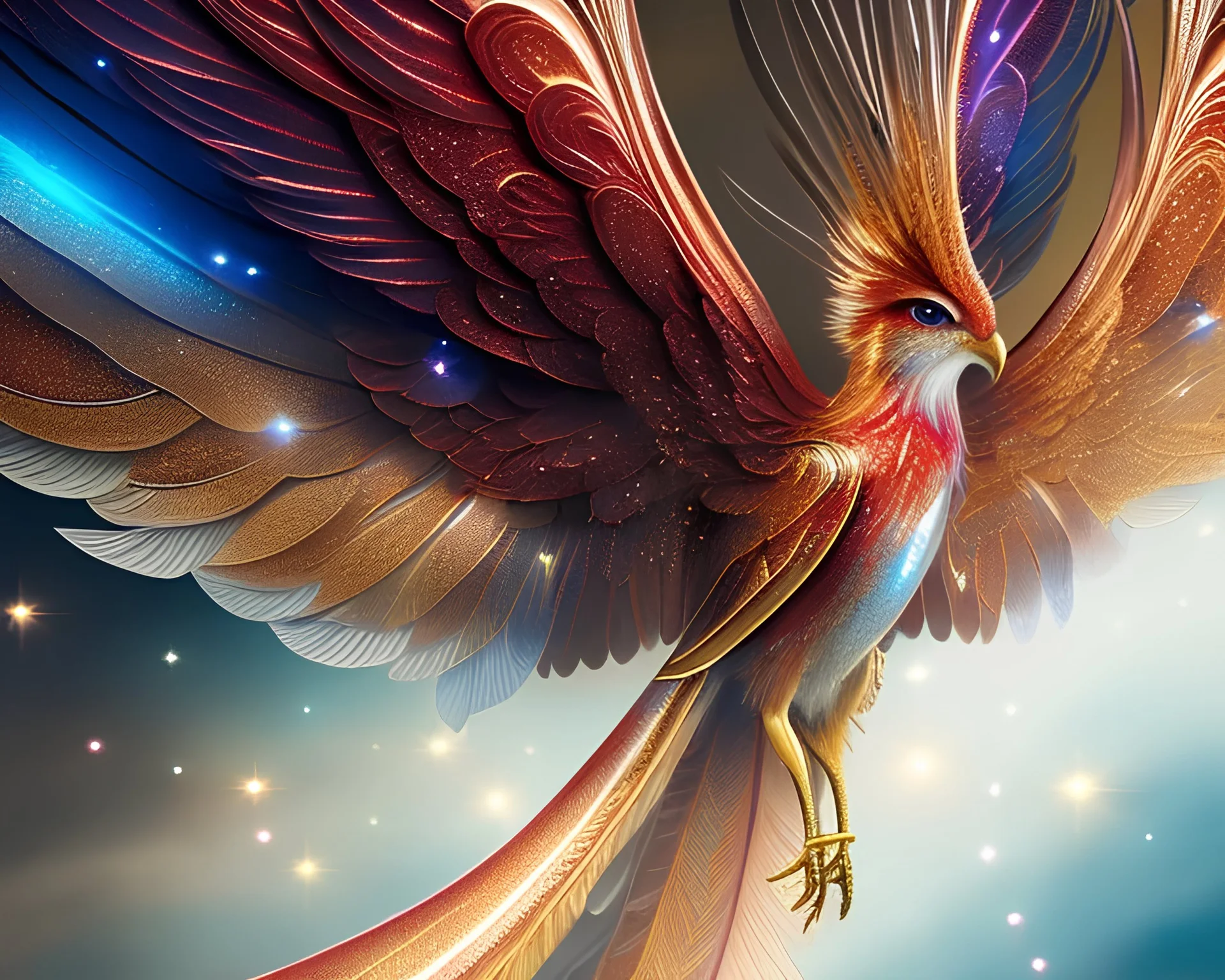 a detailed illustration of a phoenix with shiny red wings and long glowing sparkly body, luminescent body, glinting spread wings, realistic, soft and smooth glowing wings, soft feathers, macro lens, sharp focus, meticulously detailed, soft studio lighting, smooth blurred gradient background, 64k