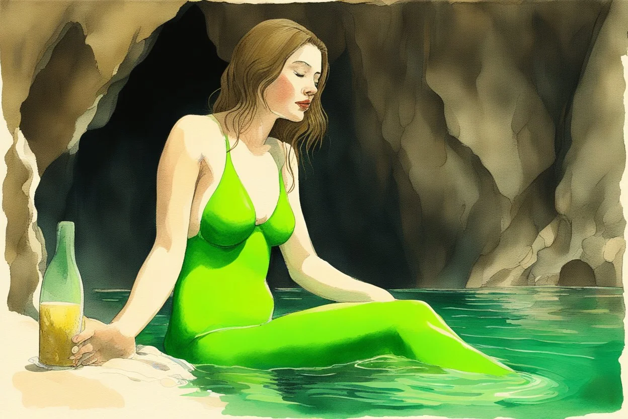 Close-up portrait of a contented woman in a bright neon green bathing suit sitting in the water of a cave bath, the walls and ceiling of the bath are dark brown clay-like, a few candles illuminate it suggestively, the woman is contentedly sipping champagne, lifelike watercolour, S<AI