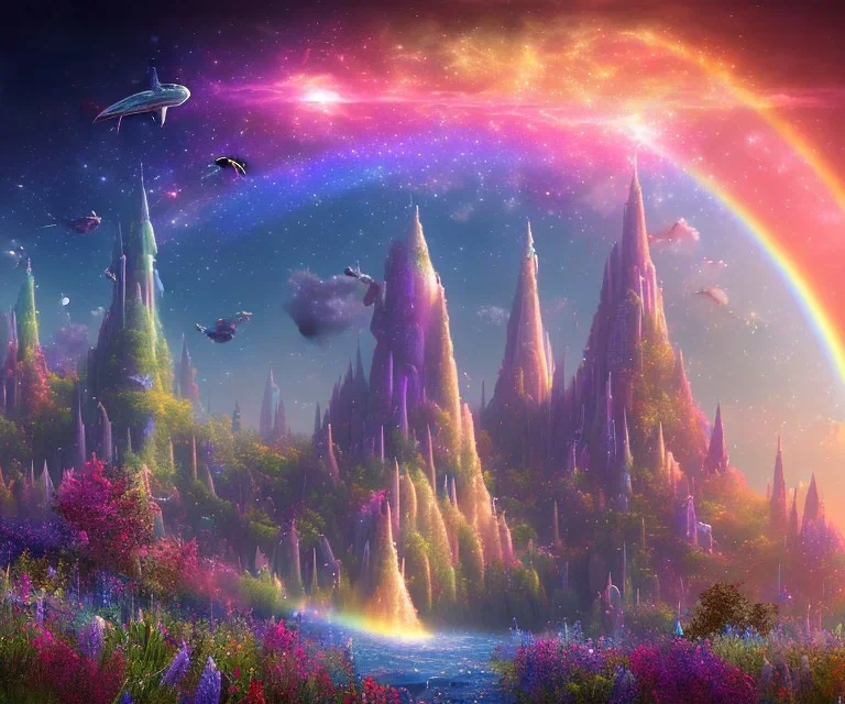 cielo cosmico insieme al mondo fantasy, astronavi tra le stelle prati pieni di fiori colorati,(arcobaleno) con un castello con piscine e cascate