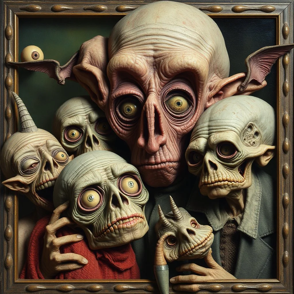 The oddest composition and mixture of beings, details very accentuated, Max Ernst style, oniric, freaks, George Grosz, distorted, blatant, gross, mundane, analogic photography