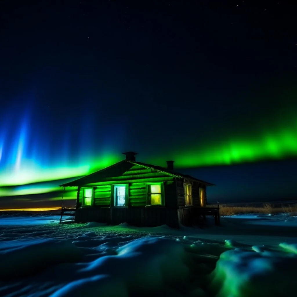 icy cabin squared off and centered aurora borealis - foreground is simple snowy plain