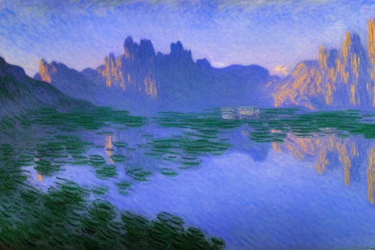 Mountains behind Cyberpunk buildings, lake, science fiction, concept art, realistic vision, claude monet impressionism painting