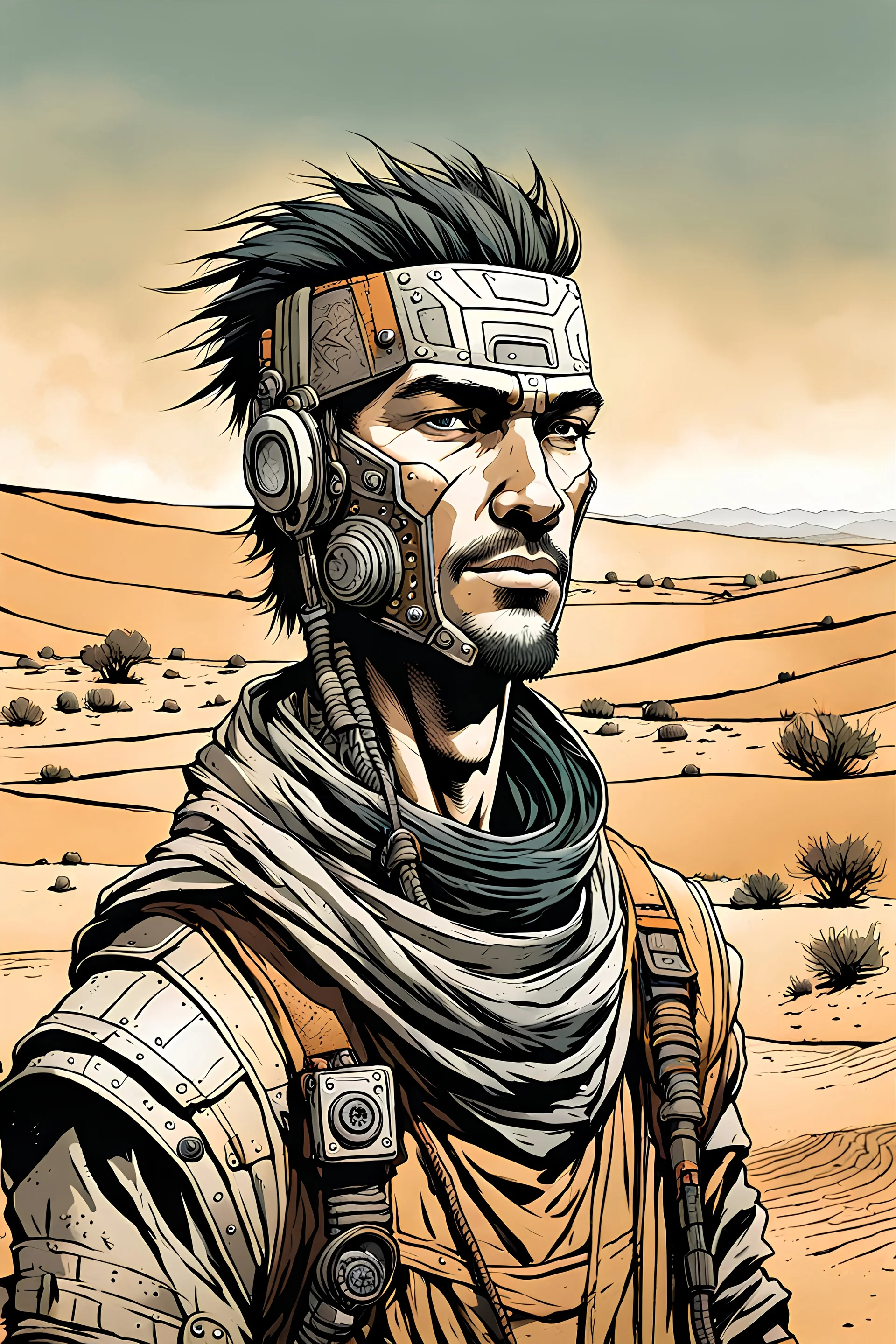 create a front facing, portrait illustration of an young, otherworldly lost cyborg nomadic wanderer with highly detailed, sharply lined and deeply weathered facial features in a dusty ruined desert oasis in the comic art style of Enki Bilal, precisely drawn, finely lined and inked in arid desert colors