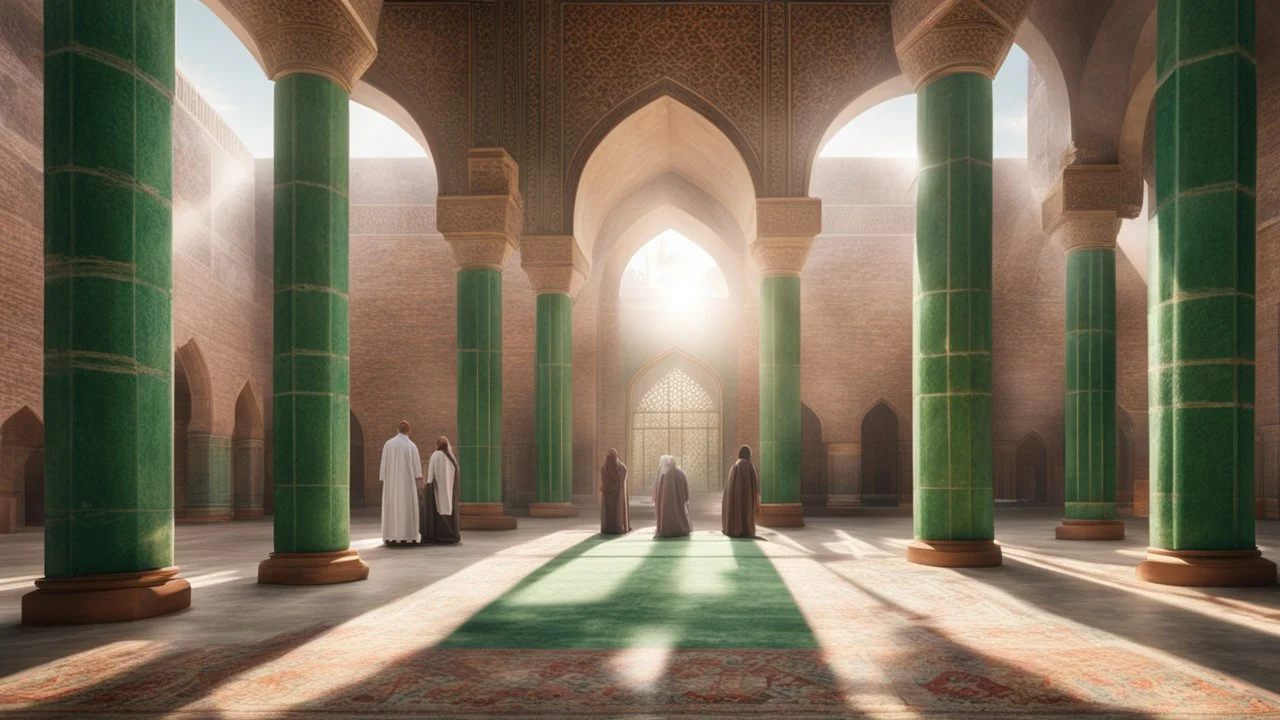 Hyper Realistic Photographic-inside-view of people praying inside a Huge Green-Brick-walled & beautifully-crafted-Brown-pillars & marble-flooring mosque sun-rays-coming-inside-architectural-window & fancy-carpet showing dramatic & cinematic ambiance