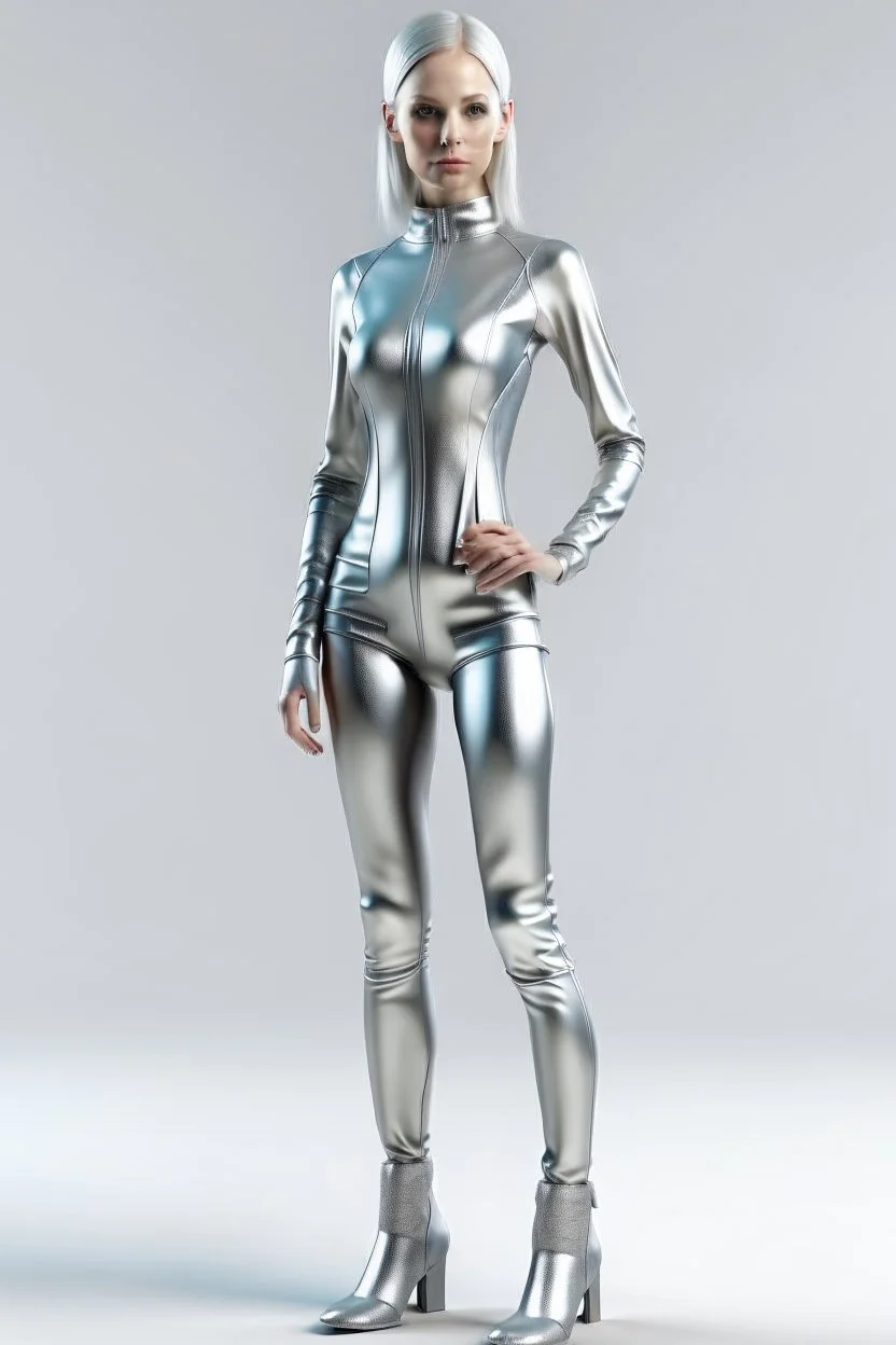 woman, skinny, full body, long legs, flat chest, silver onepiece swimsuit, photorealistic