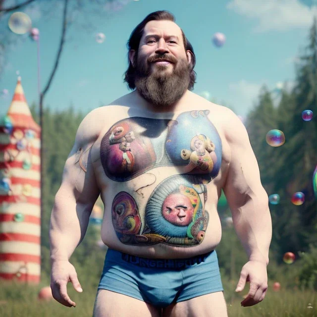 Ultra realistic circus scene. Classic Naked strongman, waist up view, old school tattoo, Wes Anderson style, happy, bubbles, butterflys, highly detailed, concept art, unreal engine 5, god rays, ray tracing, RTX, lumen lighting, ultra detail, volumetric lighting, 3d, finely drawn, high definition, high resolution.