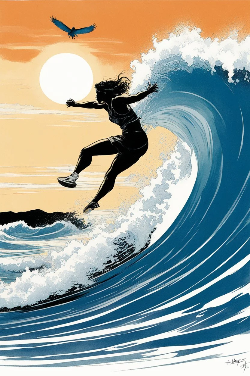[illustration by Kelley Jones] À l’aube, je me lève, Vers La Piste, la planche sous le bras, Sur la vague, je me lève aussi, Une, deux, trois fois, je vole.