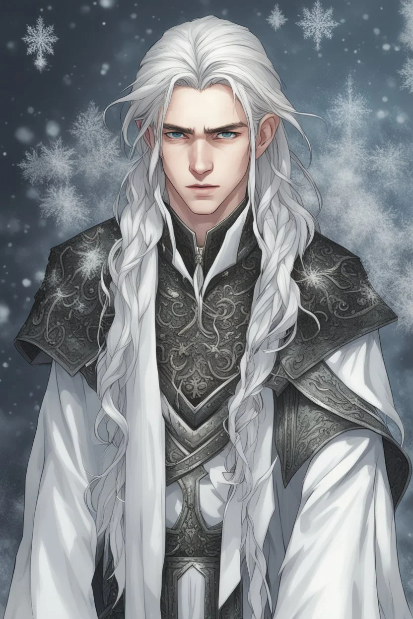 a young high elf frost Wizard with long wiry hair, wearing a black trimmed white nobleman's robe and frost ornaments on clothes