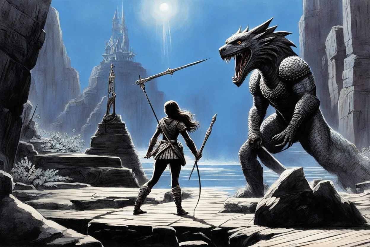 [art by Ray Harryhausen] Echo will do it… she is able to do it… Echo: her name says all, she is a natural sonar, you can feel it. Echo stands rigid, her staff planted firm against the planks. Her breathing slows, deliberate, her eyes half-lidded as she focuses inward. The world around her blurs until all that remains is the ebb and flow of unseen life beneath the water—the slow, measured breathing of something vast, something coiled in wait. She opens her mouth, speaking in a hushed, resonant so