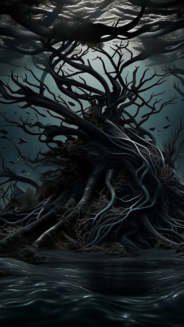 An airplane sinking underwater , black vein, human veins, mixing together a lot of them, like a forest, big and small veins a lot of them, a black creature