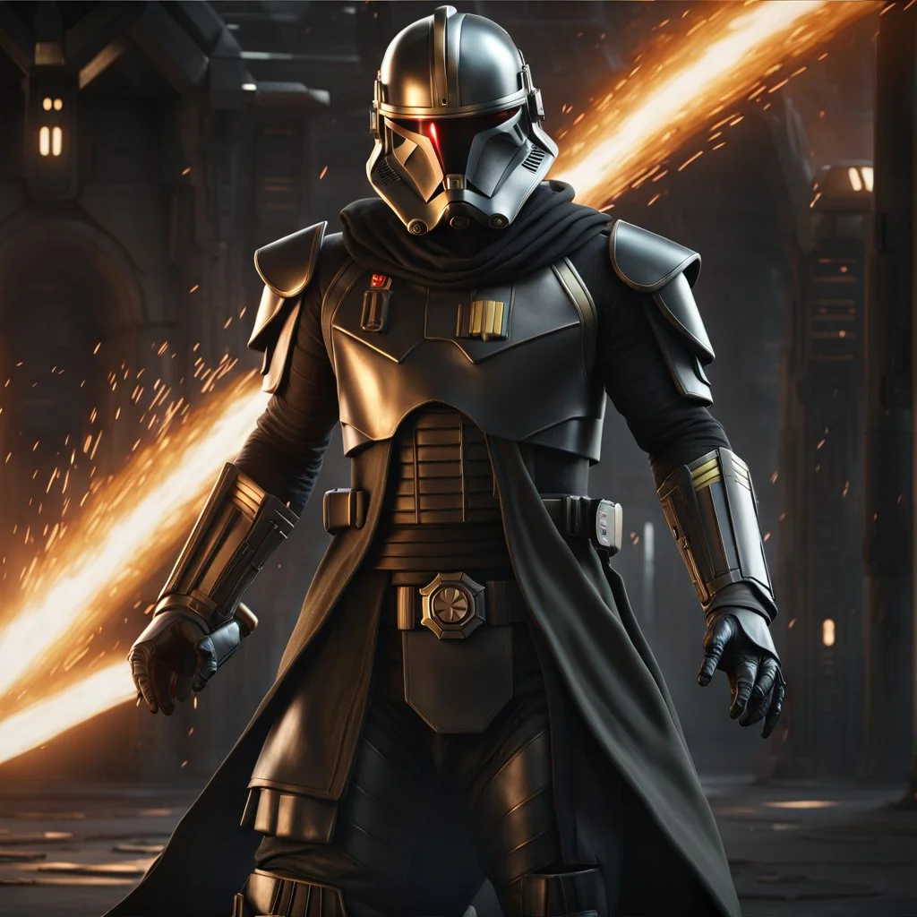 star wars bald male corellian pilot wearing pearlescent black and gunmetal grey First Order special forces heavy assault stealth commando armor and helmet with gold trim inside the jedi temple, hyperdetailed, dynamic lighting, hyperdetailed background, 8k resolution, volumetric lighting, light skin, fully symmetric details