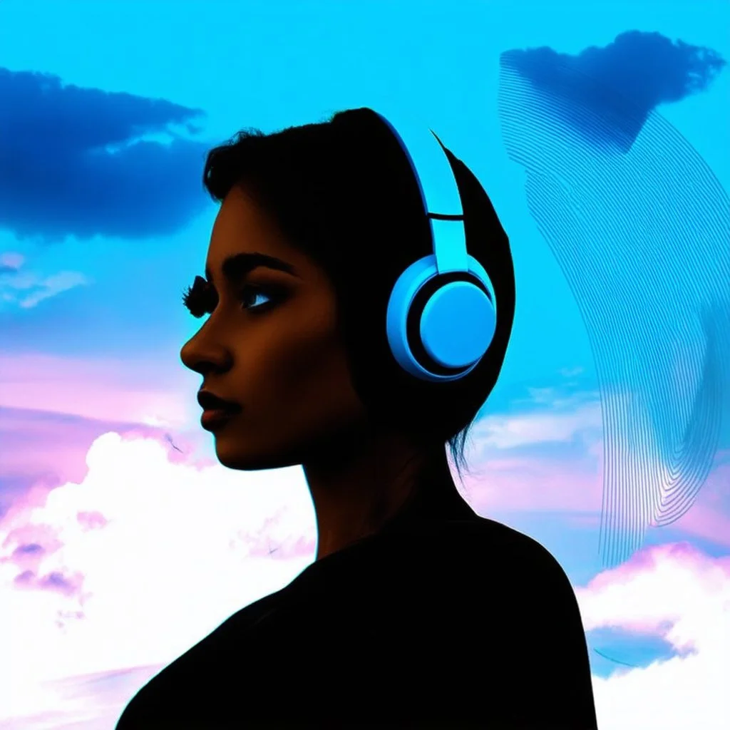 piece of album art of women with headphone in fusion with light against sky background, abstract experimental style album cover, high level of noise and subtle texture, psychedelic cover, sky, clouds and lines.