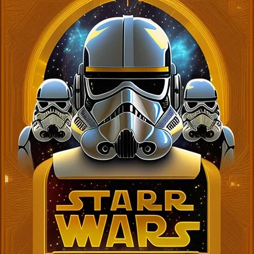 "STAR WARS" text, caption, shiny. gold metallic, reflective, centered