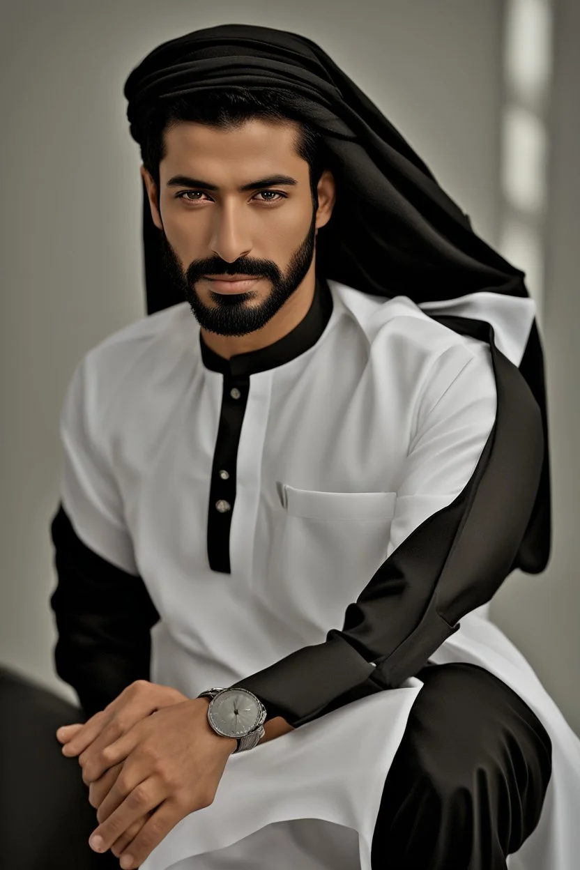 This Emirati citizen has a sleek and well-proportioned physique that reflects their elegance and grace. They have a short, black beard that adds a touch of masculinity and attractiveness to their appearance. Their black hair is styled in a backward flip, depicting their dynamism and vitality, further enhancing their overall appeal. In addition, they have captivating green eyes that reflect a strong and prominent personality, adding a touch of charm and mystery to their face. The picturesque ima