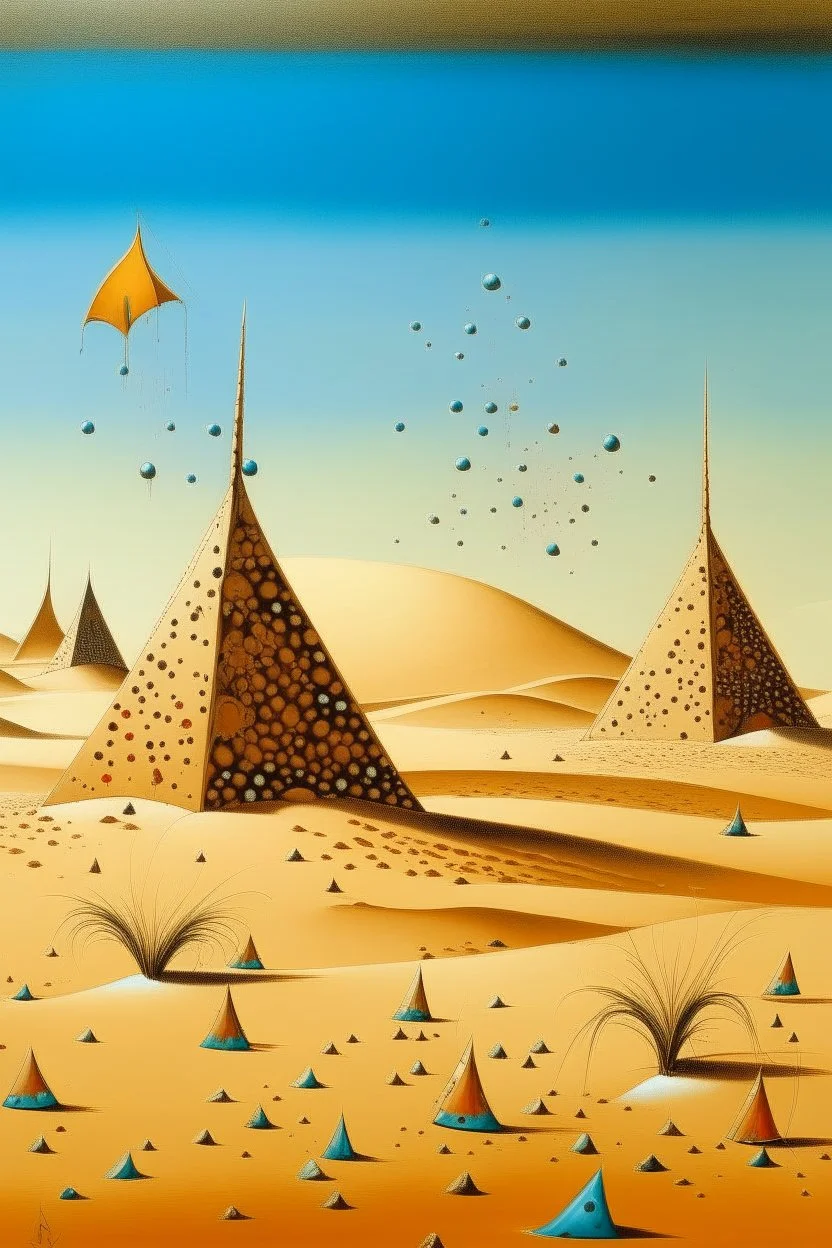 A tan sandy desert with magnetic pyramids designed in Scandinavian folk art painted by Salvador Dali