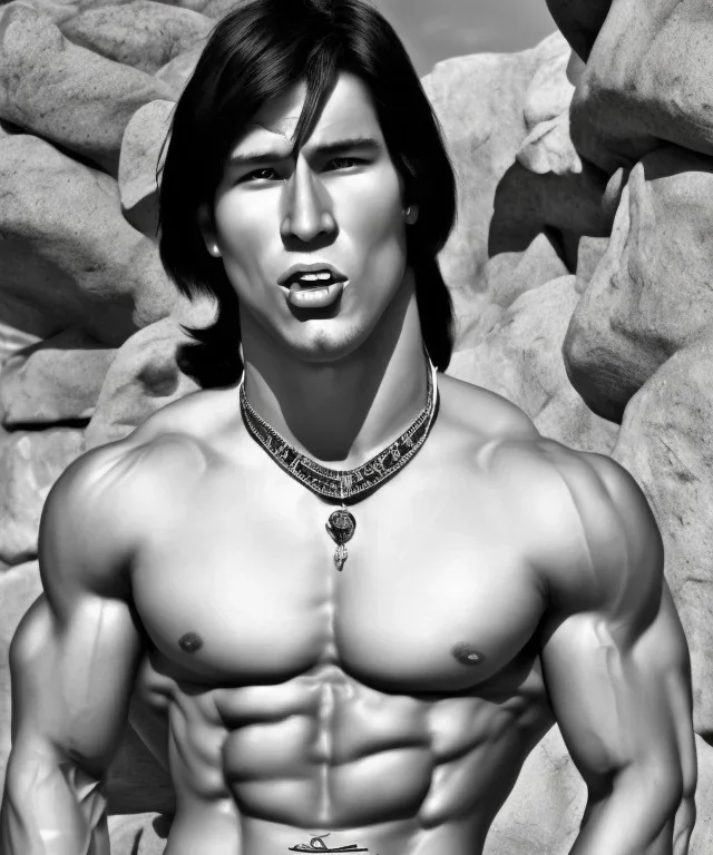 native american warrior, long black hair, big muscles, looking up, mouth open shouting, shirtless