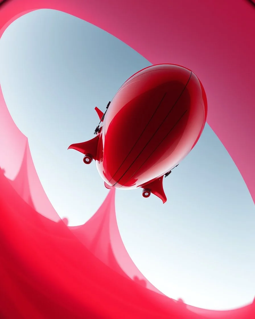 a high definition screen shot of a jet-fighter vw-beetle, blimp retrofuturistic, phototrealism, in flight, one subject, low view angle shot down from upper left front and showing the full vehicle, a RETROFUTURISTIC HOVERING CRAFT OF ALIEN ORIGIN, large close up a beautiful look up modern is decorated with red abstract, all red background, fisheye lense, vray, raytracing