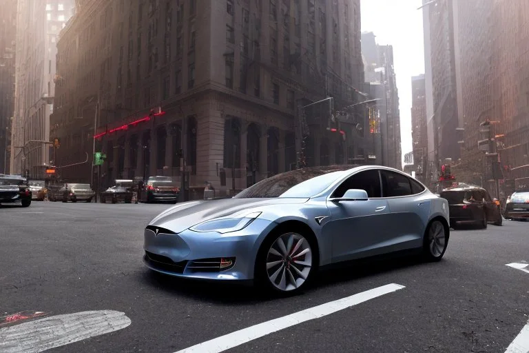 A Tesla 'Model S' is parked, on 'Wall Street', in New York. (CINEMATIC, WIDE ANGLE LENS, PHOTO REAL)