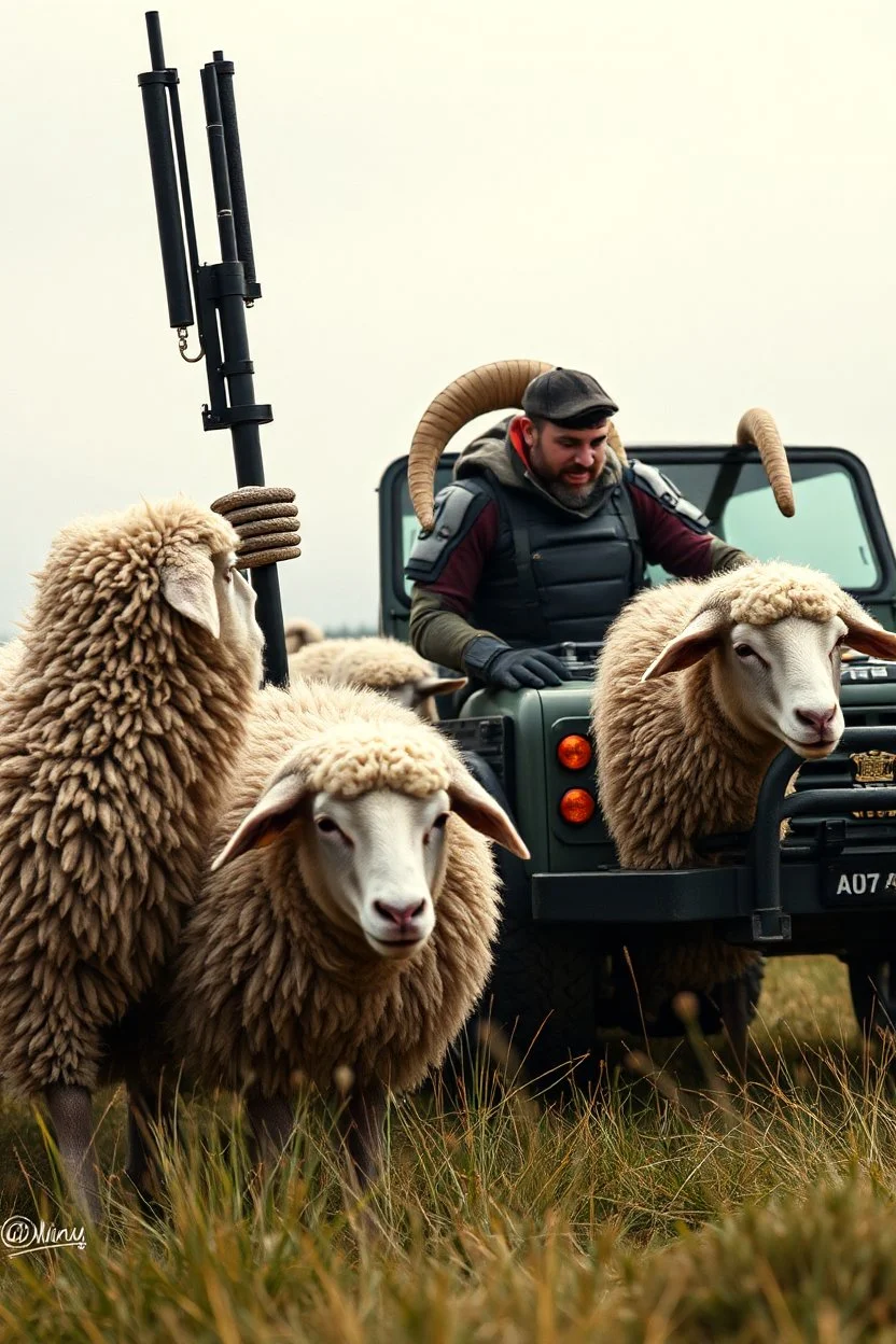 sheep in power armor adeptus astartes, hyper realistic --q 2, 4x4 on fire, ip in cashmere roll --ar 3:4 --style raw --personalize kzilt9y --stylize 1000 --v 6.1, big (AUTOFARM) title at top ,landrover sheep, (((steampunk)))) man, working in field, advertisment in 80s magazine, high class