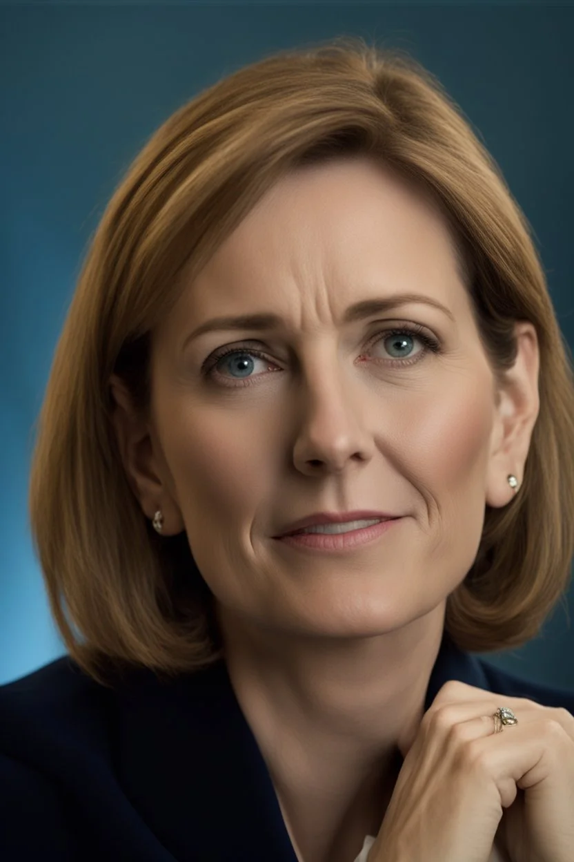 Powerful classical portrait of a modern brunette politician in her late 40s wearing a blue top