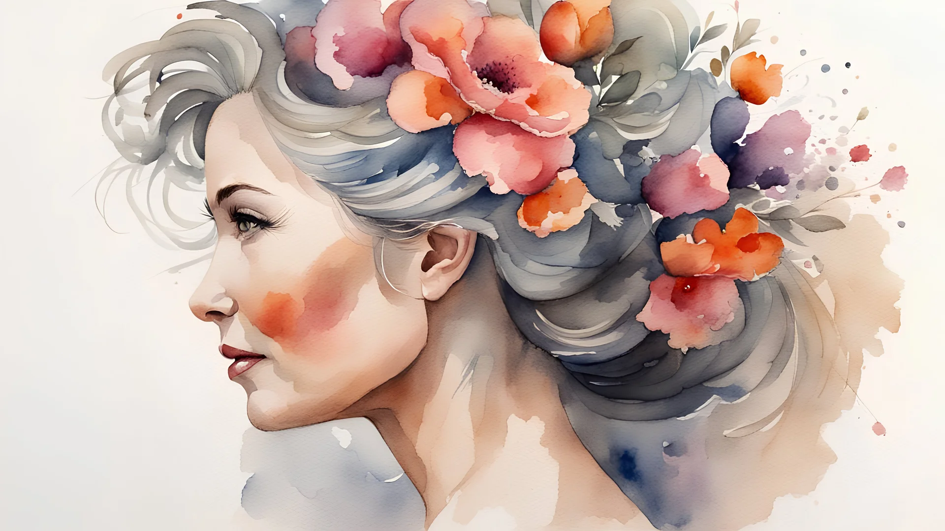 woman 50 years old, watercolor, flowers in hair, fine drawing, stained paint