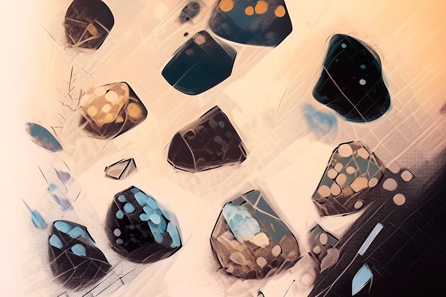 beautiful collection of stones, melting watercolor and black ink outlines on wet paper, soft, shading strokes, in sunshine, ethereal, otherwordly, cinematic postprocessing, bokeh, dof