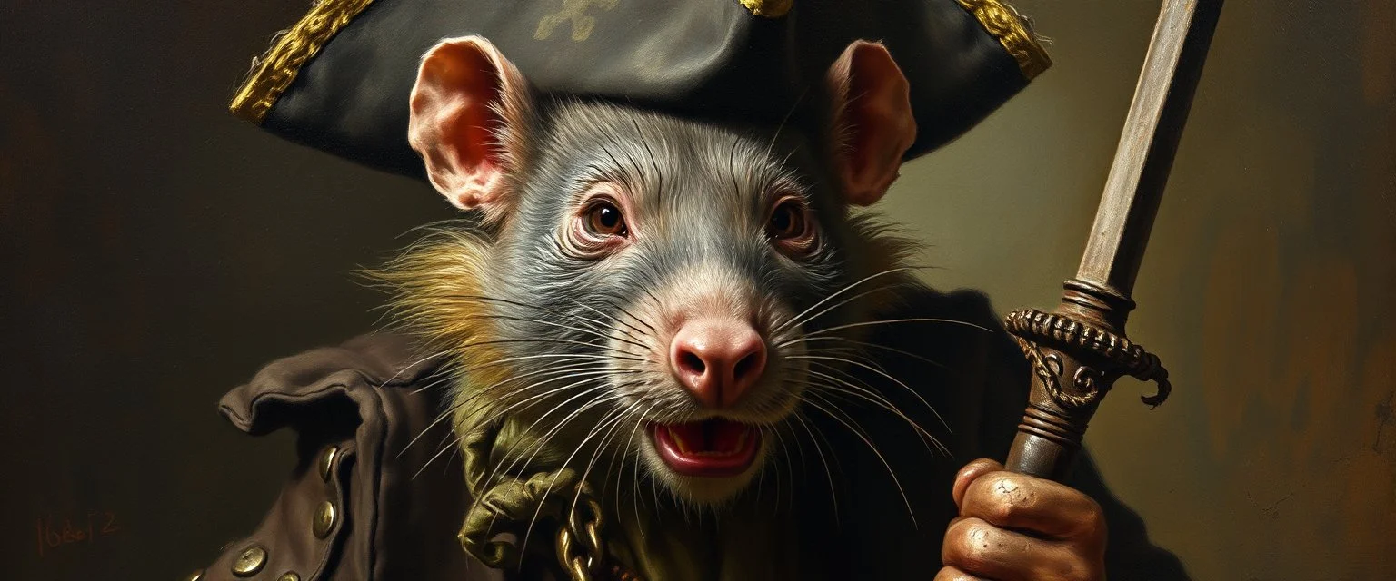 master oil painting by Rembrandt, good afternoon bitch scary hot seductive pirate merchant rat swashbuckler