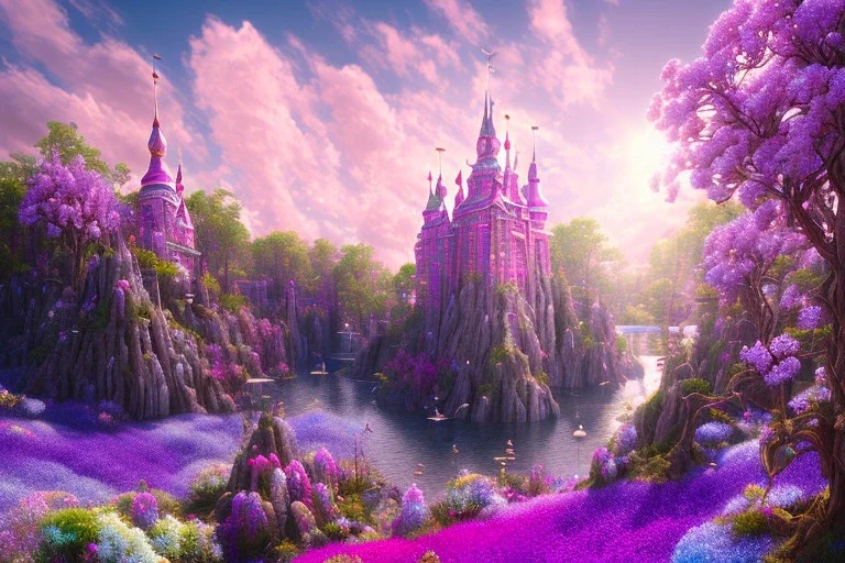 luminous pink castle, on the mountain, sun,swanns,waterfall, BLUE LAKE, SWANNs,violet bugainvillier flowers, jacaranda violet trees, sky pink blue, full of details, smooth, bright sunshine，soft light atmosphere, light effect，vaporwave colorful, concept art, smooth, extremely sharp detail, finely tuned detail, ultra high definition, 8 k, unreal engine 5, ultra sharp focus